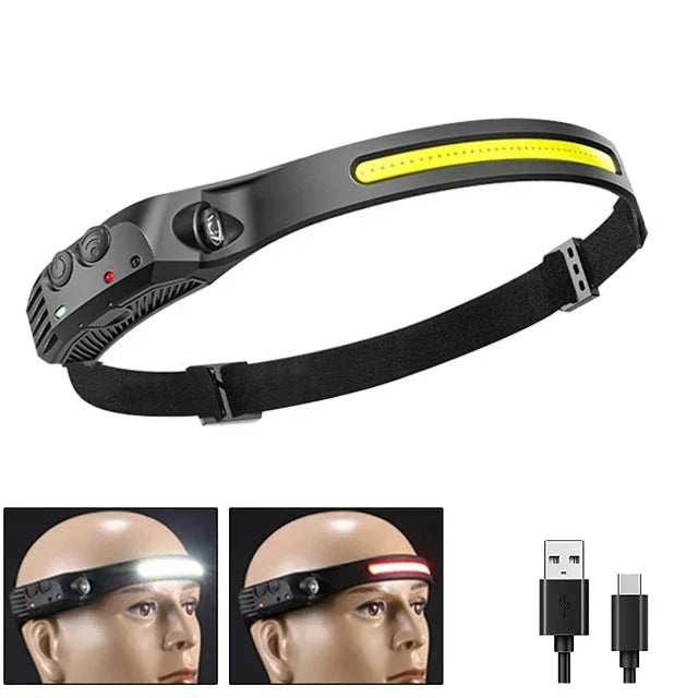Lampe Frontale LED COB Rechargeable – Capteur de Mouvement, Étanche IPX4, 10 Modes