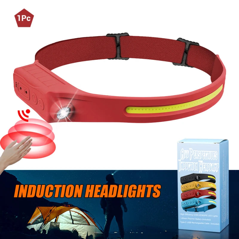Lampe Frontale LED COB Rechargeable – Capteur de Mouvement, Étanche IPX4, 10 Modes