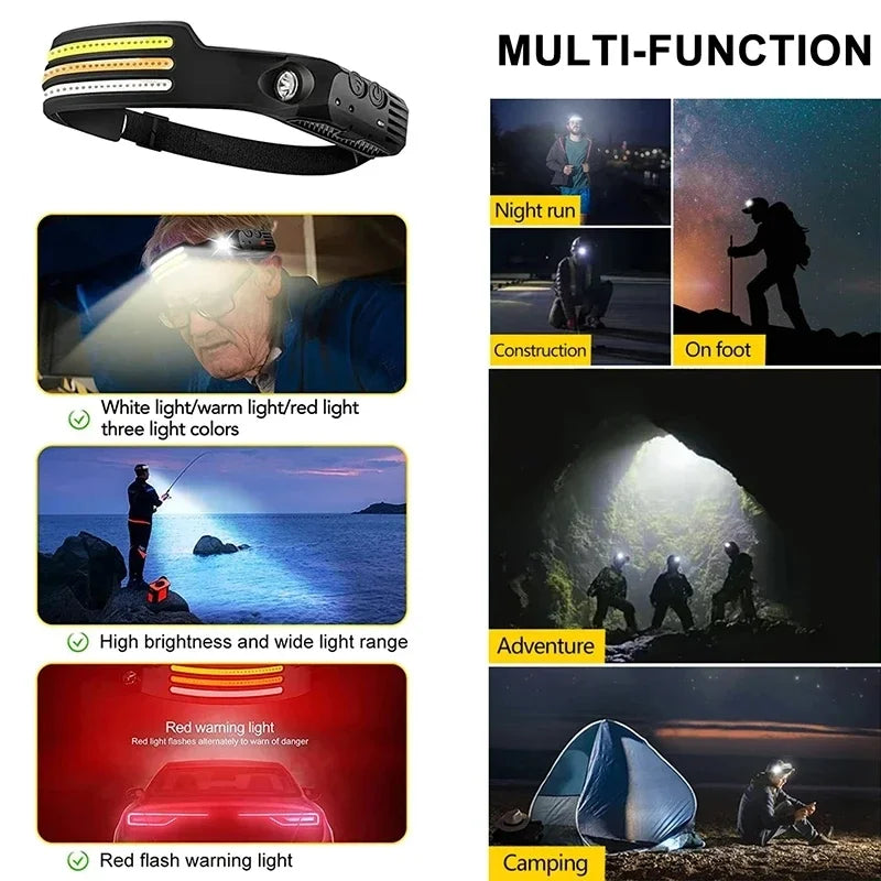 Lampe Frontale LED COB Rechargeable – Capteur de Mouvement, Étanche IPX4, 10 Modes