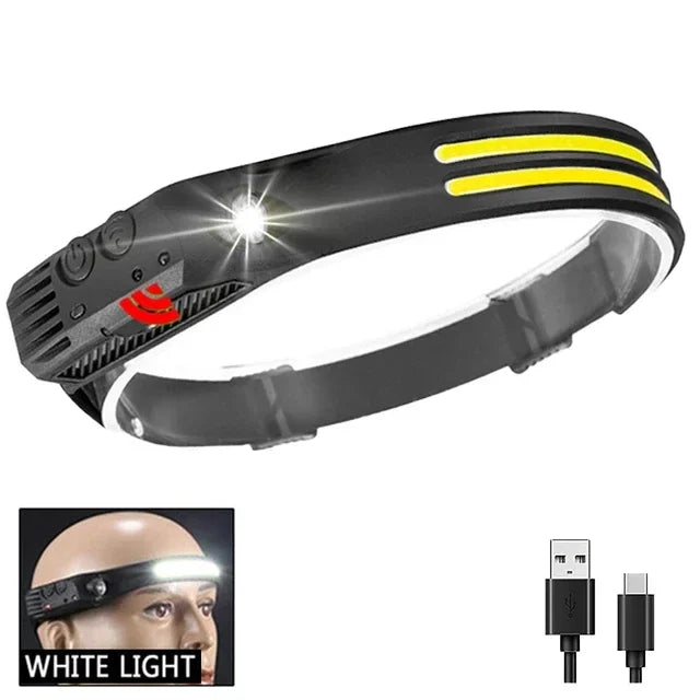 Lampe Frontale LED COB Rechargeable – Capteur de Mouvement, Étanche IPX4, 10 Modes