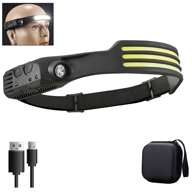 Lampe Frontale LED COB Rechargeable – Capteur de Mouvement, Étanche IPX4, 10 Modes