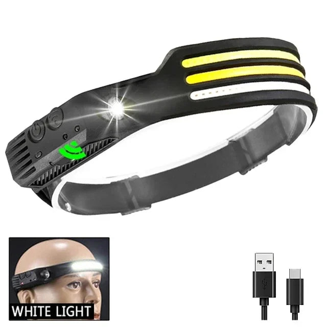 Lampe Frontale LED COB Rechargeable – Capteur de Mouvement, Étanche IPX4, 10 Modes