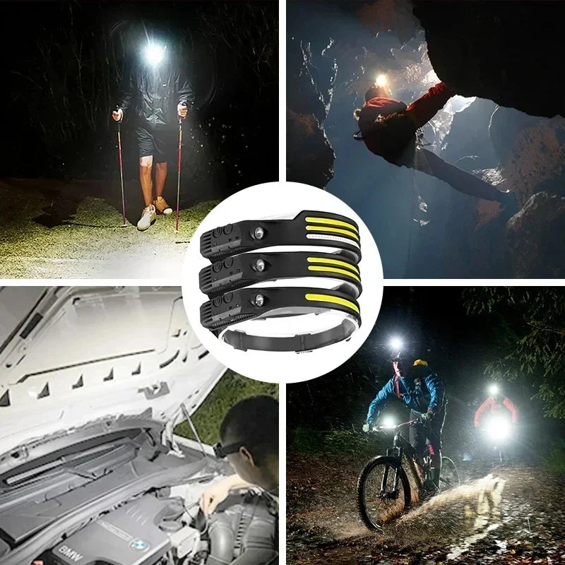 Lampe Frontale LED COB Rechargeable – Capteur de Mouvement, Étanche IPX4, 10 Modes
